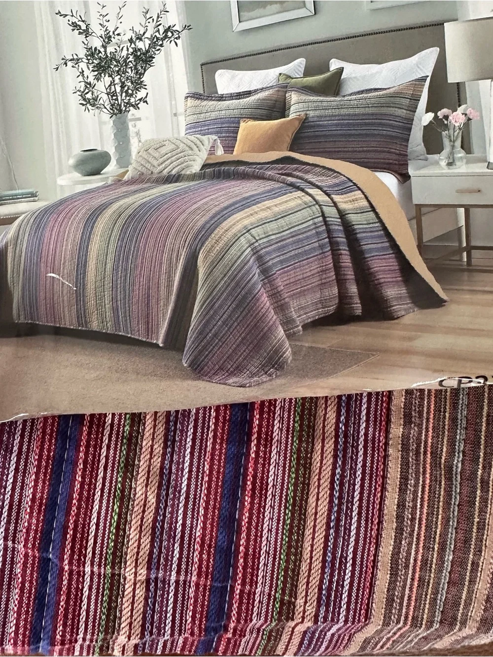 Striped Multicolor Luxury Cotton King Quilted Pillow Shams Set New in packet
